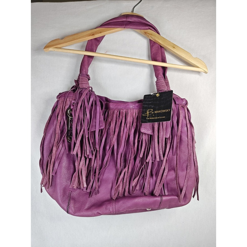 b. makowsky Purple Leather Fringe Hobo Bag